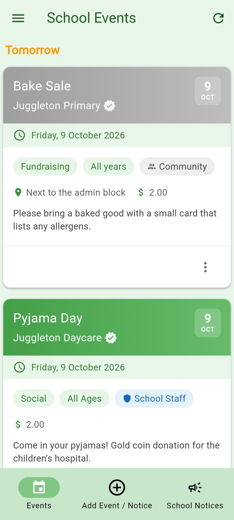 The JuggleBoard feed: a bake sale tomorrow at Juggleton Primary and a Year 7 camp meeting later this week at Juggleton Intermediate