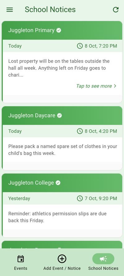 School notices from a primary school, a daycare and a college