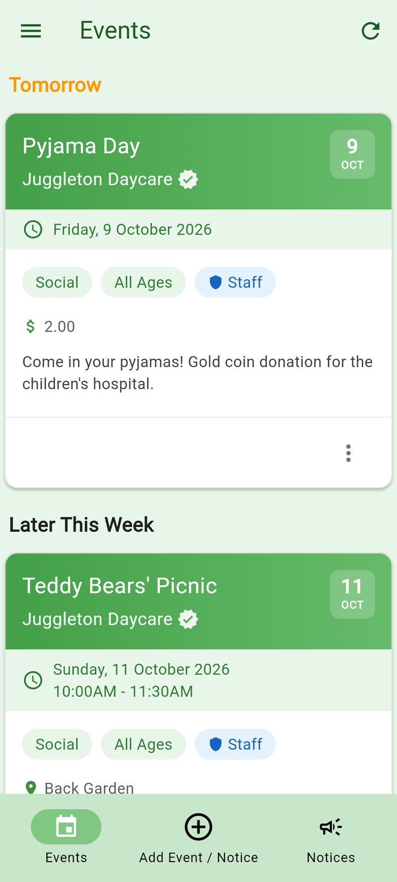 A daycare parent's feed: pyjama day tomorrow at Juggleton Daycare, and more centre events coming up