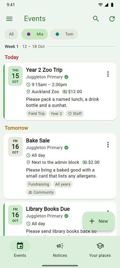 The feed showing just Mia's events: her zoo trip and Juggleton Primary's whole-school events