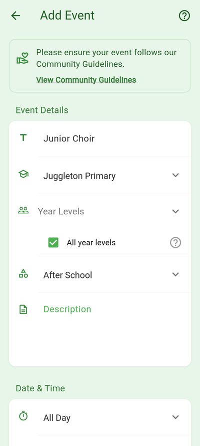 Adding an event: title, school, year levels and date