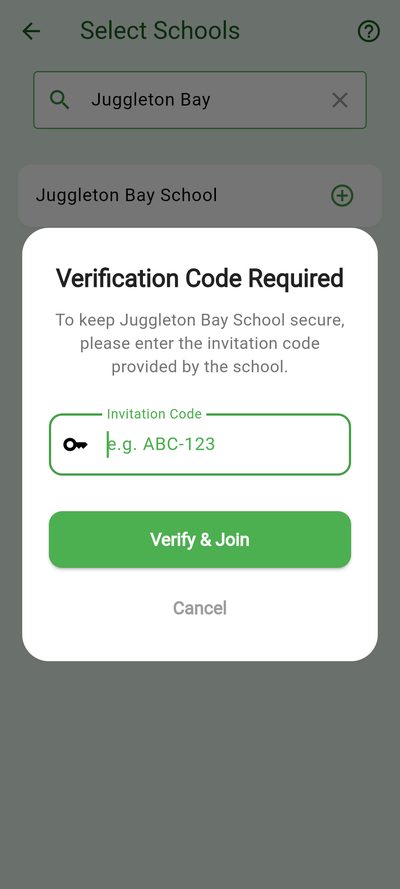 Joining an invite-only school by entering its invitation code