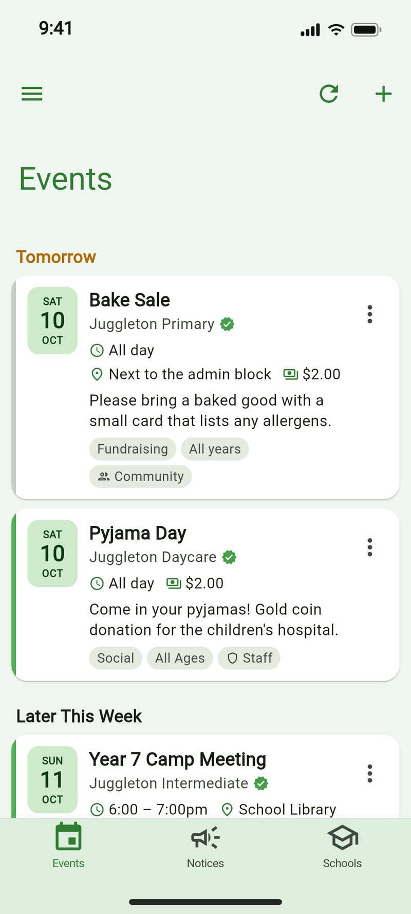 JuggleBoard on an iPhone: the Events feed
