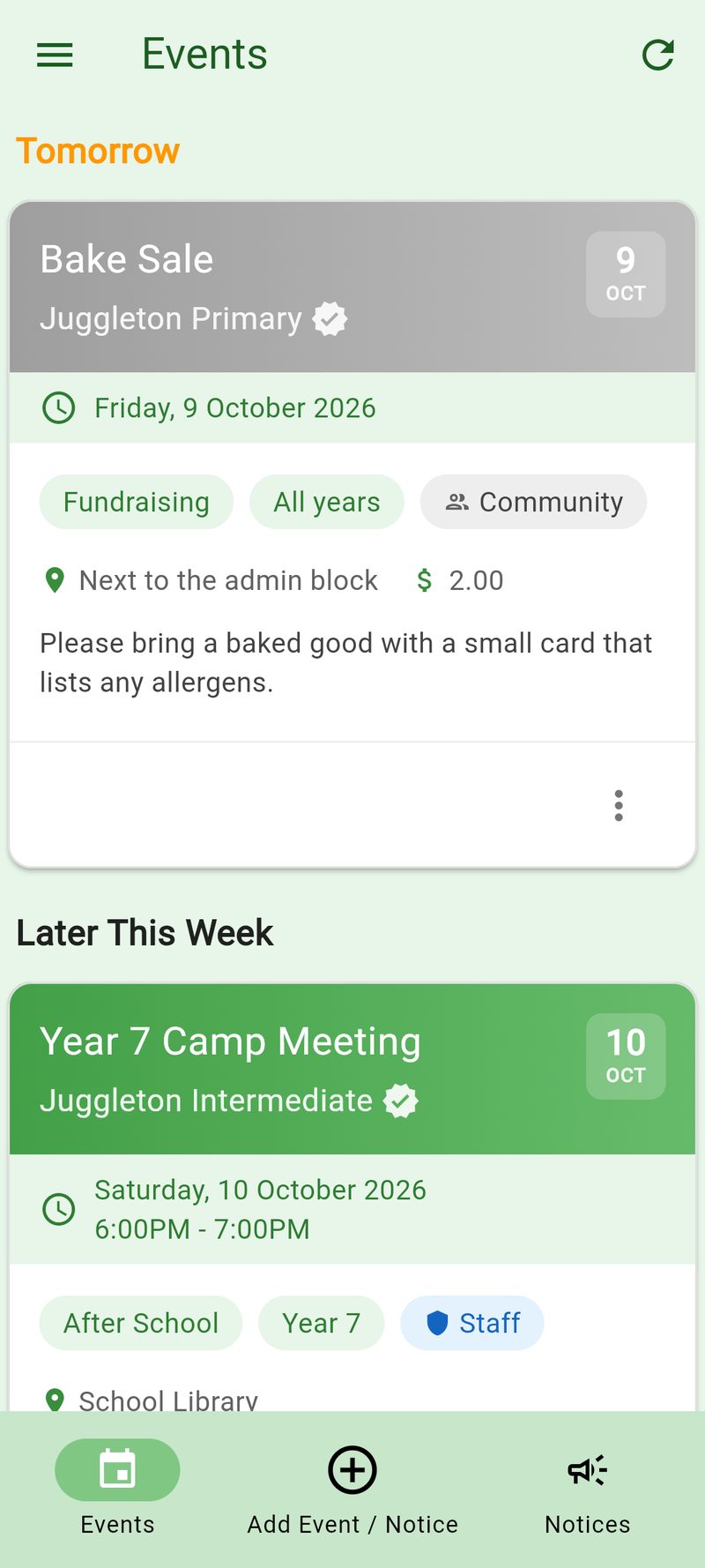 A school parent's feed: a bake sale tomorrow at Juggleton Primary and a Year 7 camp meeting posted by Juggleton Intermediate's staff