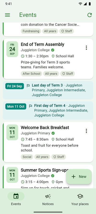 The feed at the end of Term 3: a mufti day and an assembly, then the last day of Term 3, then the first day of Term 4 and a welcome back breakfast