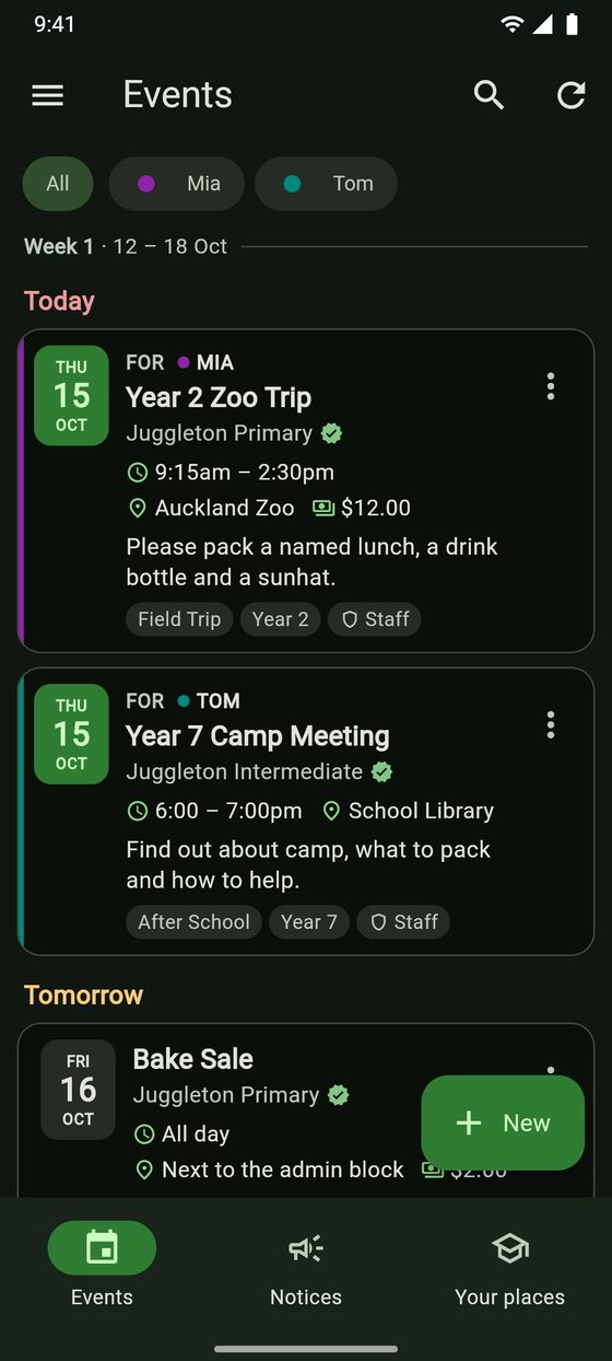The Events feed with a zoo trip marked for Mia and a camp meeting marked for Tom