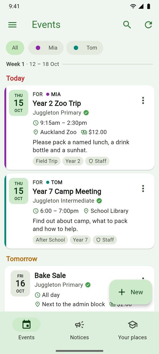 The Events feed with a zoo trip marked for Mia and a camp meeting marked for Tom