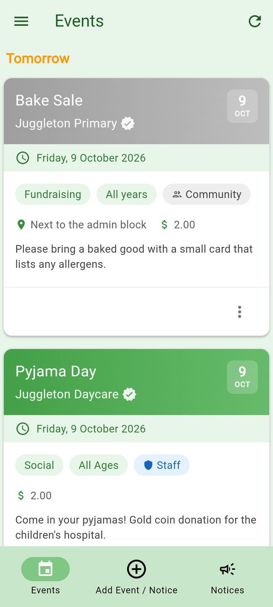 The events feed